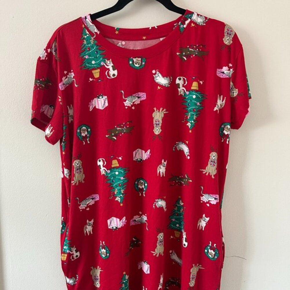 Joyspun Red Christmas Dogs &‎ Cats Pajama T-Shirt Dress Size S/M